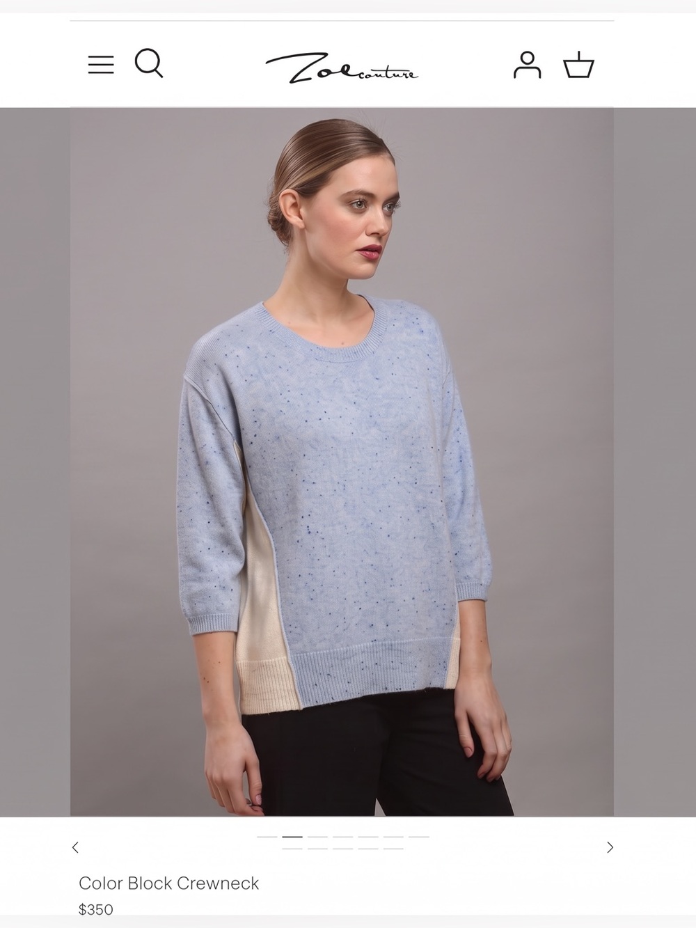 ZOE COUTURE 100% Cashmere Color Block Crewneck Sweater 3/4 Sleeve, Medium